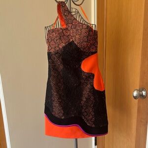 Three Floor One Shoulder Dress - Black and Orange